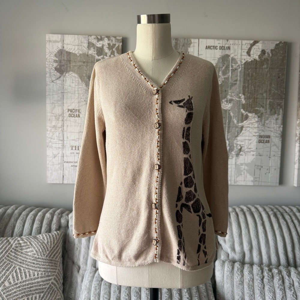Susan Bristol Giraffe Embroidered Linen Blend Cardigan Beige Beaded Small SB164